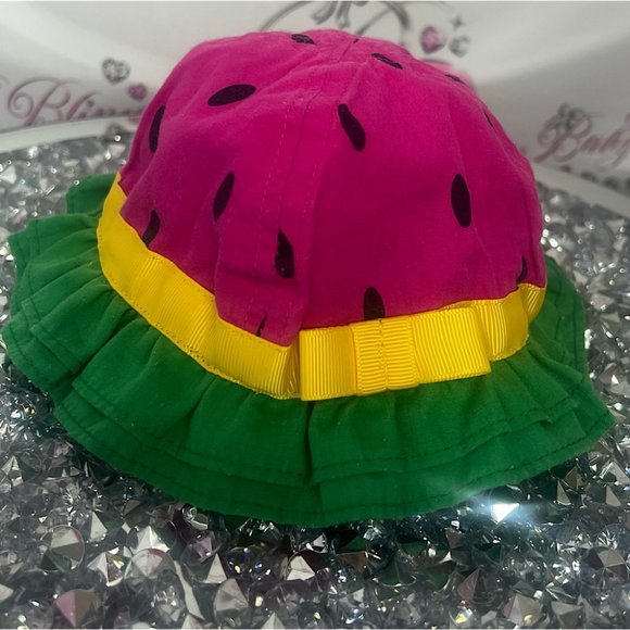 watermelon hat 🍉👒 baby 0-6 months pink black green yellow ribbon bow tie 🎀 - Picture 10 of 10